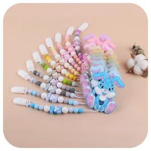 Catenella portaciuccio in silicone con perline colorate e coniglio per neonati e bimbi