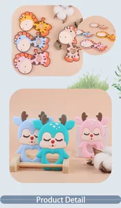 Detailansicht der bunten Giraffen-Beißringe aus Silikon mit hohlem Design für Babys