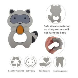 Cute gray silicone raccoon baby teether with easy-grip ring and sensory massage textures