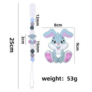 Set dentizione in silicone per neonati con coniglietto blu e catenella portaciuccio