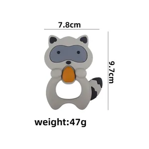 Cute gray raccoon silicone baby teether with easy-grip ring handle for infant teething