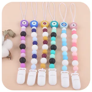 Set of 6 silicone pacifier clips with evil eye beads and eco-friendly plastic clips