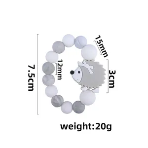 Silicone hedgehog baby teether bracelet with marble grey and white beads, 7.5cm size