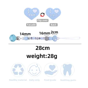 Catenella portaciuccio in silicone blu con perline cuore I LOVE MOM DAD e lettere