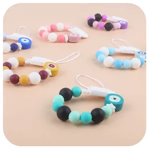 Silicone pacifier clip set with cartoon evil eye beads and star charms in six colors