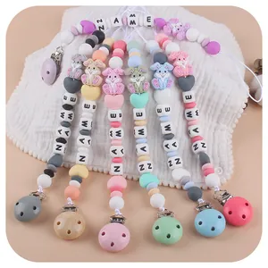 DIY silicone baby pacifier clips set with rabbit motifs and letter beads in six soft colors
