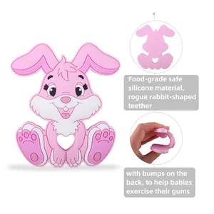 Pink rabbit silicone baby teether with food-grade material and textured massage bumps
