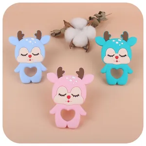 Silikon-Beißringe in Hirschform für Babys in Blau, Rosa und Grün mit Herzgriff-Design