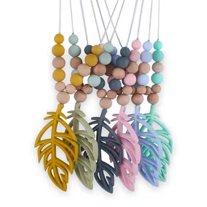 Safe Silicone Baby Teething Necklace Feather Pendant With Natural Wood Beads BPA Free Soothing Molar Toy For Toddlers