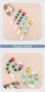 Dettaglio delle perline in silicone a forma di frutta e clip per catenelle per ciuccio