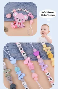 Detail of baby silicone teether set with koala charm and colorful alphabet beads