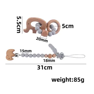 Baby Beißring Set aus Silikon und Buchenholz mit Elefantenrassel und Schnullerkette