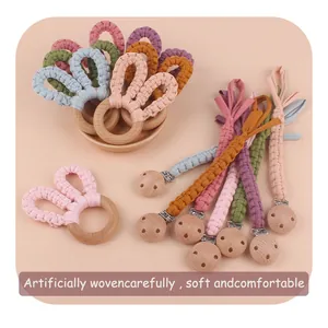 Handmade beech wood pacifier clip and woven rabbit ear teething rings set for infants