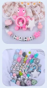 Pink silicone turtle teether with customizable letter beads and pacifier clip set