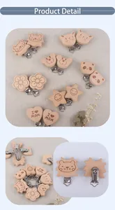 Detailed view of beech wood pacifier clips in animal shapes and back metal fastening clip