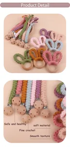 Detail of safe crochet bunny ear teether rings and smooth wooden pacifier clips for babies