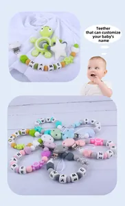 Custom food-grade silicone pacifier clip set with colorful beads and turtle teether