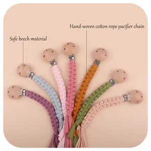 Attache-Tétine pour Bébé en Corde de Coton Tissée à la Main avec Clip en Bois de Hêtre Sécurisé Chaîne de Dentition pour Nourrisson