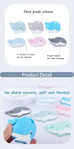 Close-up of soft food-grade silicone whale teether toy in various pastel colors