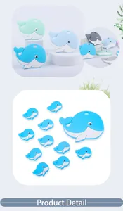 Macro detail of cartoon whale silicone baby teethers in assorted pastel colors