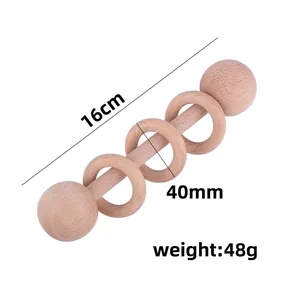 Natural beech wood baby rattle toy with three movable rings for sensory training
