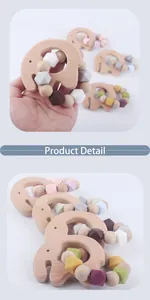 Details des Elefanten-Beißrings aus Holz mit bunten Silikonperlen für Babys