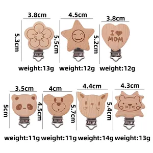 Natural beech wood pacifier clips with various animal shapes and stainless steel clamp