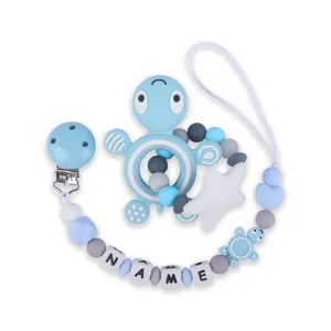 Baby Silicone Turtle Teether And Pacifier Clip Chain With Letter Beads Soothing Molar Toy For Infants Toddlers Shower Gift