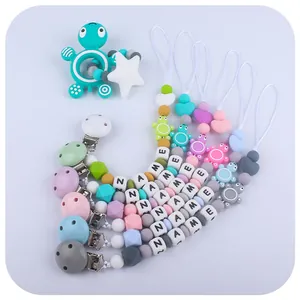 Silicone turtle teether set with macaron beads and customizable name pacifier clip