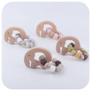 Baby Elefant Buchenholz Beißring Silikonperlen Armband Naturholz Greifspielzeug Für Säuglinge Kleinkinder Linderung Beim Zahnen Sensorik Spielzeug