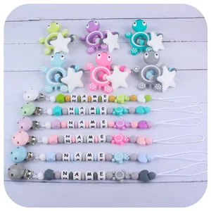 Silicone turtle teether pacifier chain with macaron beads and customizable name set