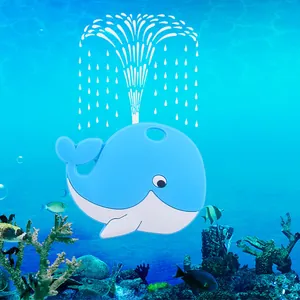 Cartoon whale baby teether toy in sea blue and white with creative water fountain design