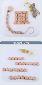 Detail of wooden pacifier clip and A-Z letter beads for DIY baby teether chains