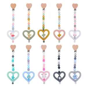 Catenella Portaciuccio in Silicone e Legno di Faggio con Animali Cuore Massaggiagengive Accessorio per Neonati Giocattolo per Passeggino