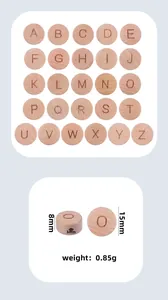 Detailed technical diagram of 15mm alphabet beech wood beads with size measurements