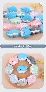 Macro detail of whale-shaped silicone teething beads in pastel colors for DIY clips