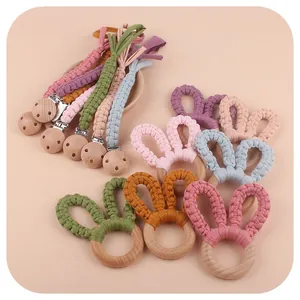 Handmade Crochet Rabbit Ears Baby Teether Ring Beech Wood Cotton Woven Infant Sensory Teething Toy For Grasping Relief