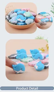 Detail of colorful whale silicone teething beads with side holes for DIY pacifier clips