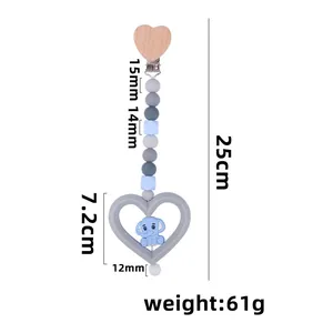 Catenella portaciuccio cuore in faggio con perle elefante in silicone blu 25cm