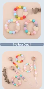 Detail of wooden heart pacifier clip and silicone teething beads with LOVE engraving