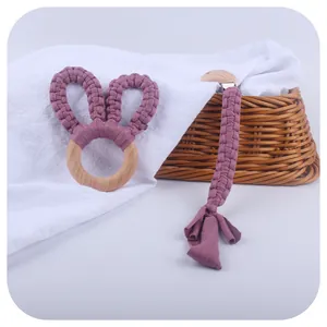 Handmade beech wood baby teether ring with purple cotton bunny ears and pacifier clip set