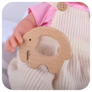 Anneau de dentition éléphant en bois de hêtre naturel pour bébé avec bords arrondis