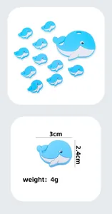 Detail of whale-shaped silicone baby teether beads with size and weight specifications