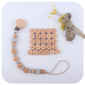 15mm natural beech wood beads with 26 letters for DIY baby pacifier clip and bracelet