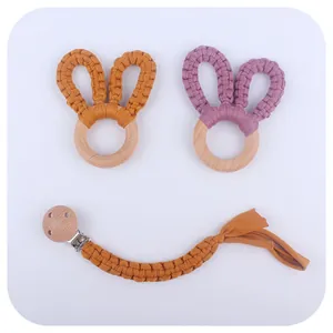 DIY beech wood baby teether rings with cotton rabbit ears and a matching pacifier clip