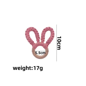 Pink handmade cotton weave rabbit ear teether toy with natural beech wood ring 10cm