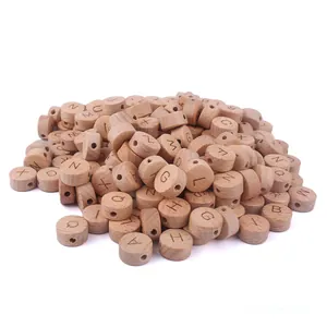 15mm round beech wood beads with laser engraved letters for DIY pacifier clips and bracelets