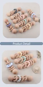 Close-up of baby teether set with beech wood rings and colorful silicone beads