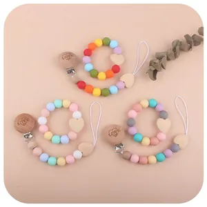 Baby Pacifier Clip And Teether Set Food Grade Silicone Beads Natural Beech Wood Heart Shape Anti-loss Chain For Newborn Infants Soothing Gift
