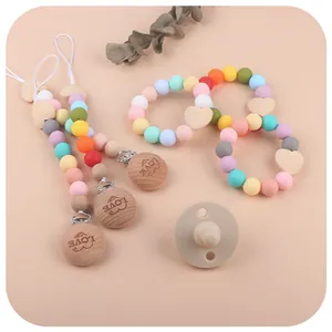 Baby wooden pacifier clip and silicone beads bracelet set with heart engraved wood clip